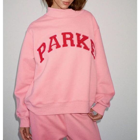 PARKE Varsity Pink Red Logo Mockneck Sweatshirt S/M NEW Valentines Day Pullover - Picture 1 of 6